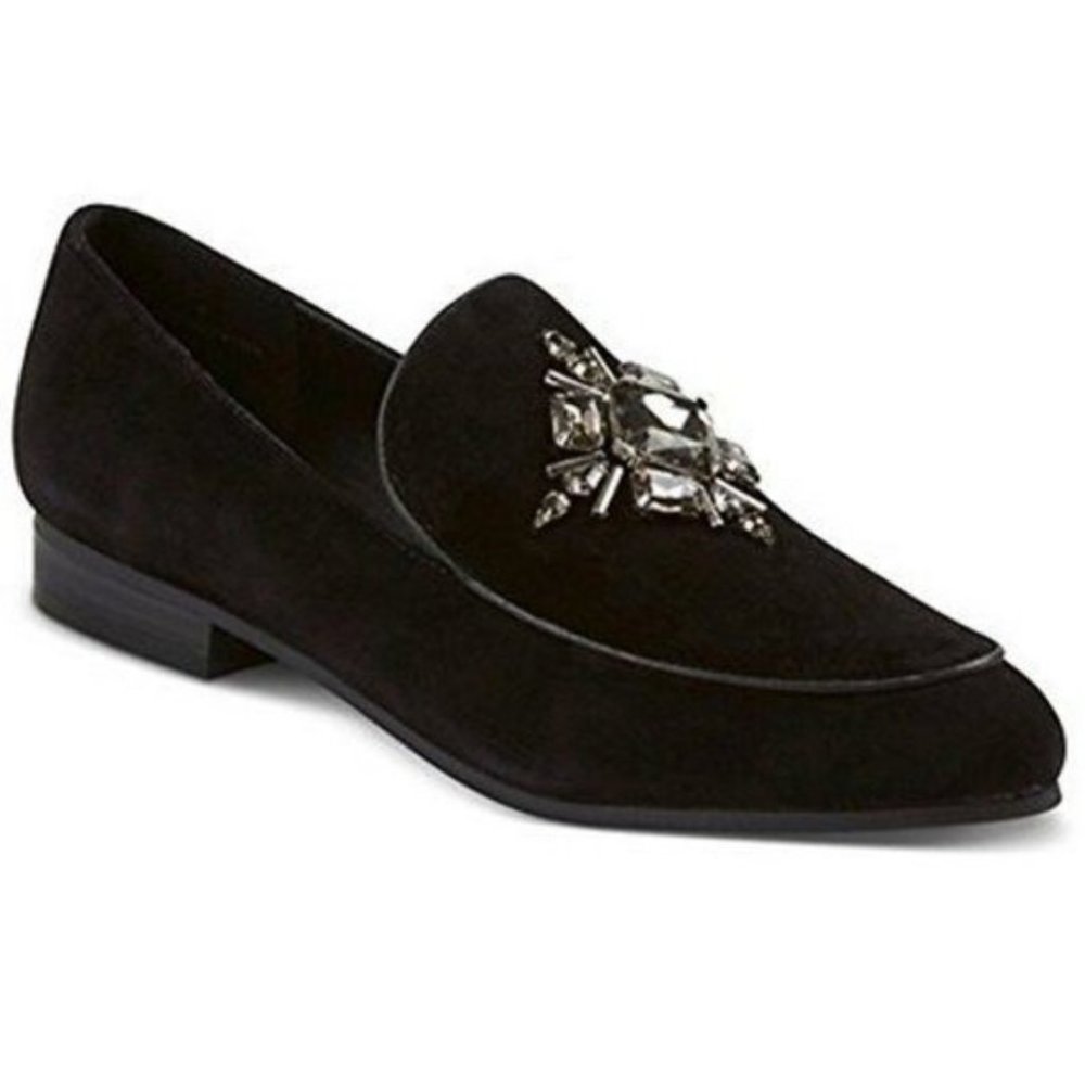 Faryl Robin Women's Easton Rhinestone Embellished Black Suede Loafers